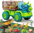 TEMI Giocattoli camion trasportatore triceratopo per bambini dai 3 ai 5 anni, con 8 figure di dinosauri, tappetino da gioco, set con cattura di dinosauri