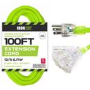 100 Ft Outdoor Extension Cord w/3 Electrical Power Outlets, 12/3 SJTW 12 Gauge Lighted Extension Cable w/3 Prong Plug for Safety