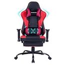 Gaming Chair with Massager Lumbar Support and Retractible Footrest, High Back Ergonomic Racing Style Computer Leather Executive Office Swivel Chairs Adjustable Armrests and Backrest (Red)