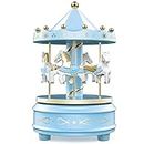 Carousel Music Box, Blue - Easy Twist, 4 Horse Classic Decor, Melody Beethoven's Fur Elise. Fall Asleep to Music Lights or Decorate Your Cake