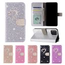 For iPhone XR 11 12 13 14 15 Pro Plus Max Bling Heart Folio Leather Wallet Case