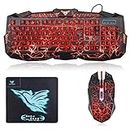 MFTEK Combo of Crack 3 Colors LED Backlit USB Wired Keyboard, Programmable 7 Button Lighted Gaming Mouse and Mouse Pad for Computer PC Gamer, Combo Set of 3