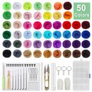 50 Colors Wool Soft Fibre Roving Set+ Needle Felting Kit Hand Craft Sewing DIY