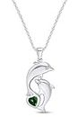 AFFY Heart Simulated Emerald & White Cubic Zirconia Mother Child Dolphin Pendant Necklace in 14k White Gold Over Sterling Silver