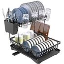 Large Dish Drying Rack with Drainboard Set, Stainless Steel Dish Rack with Utensil Holder,Dishcloth Rack,Cutlery Holder,Cup Holder, Cutting-Board Holder,2 Tier Dishes Rack for Kitchen Counter