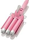Alure Three Barrel Curling Iron Wand with LCD Temperature Display - 1 Inch Ceramic Tourmaline Triple Barrels, Dual Voltage Crimp (White-Pink)