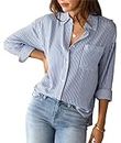 Women's Blouses Striped Long Sleeve Shirts Button Down Loose Fit Casual Tops M Blue