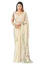 RAJESHWAR FASHION WITH RF Women's Satin Polyester Saree For Women Fancy Floral Hand Print Striped With Unstitched Blouse Piece(Cream-Off-White)