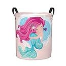 Dujiea Mermaid Girl Laundry Basket Round with Handle, Collapsible Foldable Canvas Storage Bin Dirty Clothes Bag for Laundry/Toys Organizer/College Dorm/Nursery/Decor(2 Sizes)