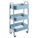 DOEWORKS 3-Tier Storage Cart Rolling Trolley Cart Metal Utility Shelves with Wheels and Handles for Kitchen Makeup Bathroom Office, Grey-Blue