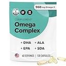 Complement Omega Complex Vegan Liquid Capsules 960mg Omega-3 Fatty Acids, DHA,EPA,SDA,ALA Supplement-Immune Support,Brain Function,Heart Health, 60 Servings, 120 Vegan Capsules