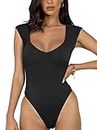 REORIA Women's Summer Casual V Neck Double Lined Seamless Sleeveless Slimming One Piece Leotards Going Out Tank Top Tees Thong Bodysuits Black Small