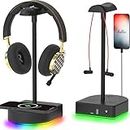 RGB Headphone Stand with Wireless Charger Desk Gaming Headset Holder Hanger Rack with 10W/7.5W QI Charging and USB Port Suitable for Gamer Desktop Table Game Earphone Accessories