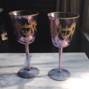 Set 2 Antique/Vintage Iridescent Stemmed Wine Goblets 7"  Gold Leaf Swag, Rims