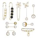 Aoliandatong 10 Pieces Brooch Pins for Women,Brooches for Ladies,Women Brooch Pins Sweater Shawl Clips Faux Crystal and Pearl Brooches,10 Pieces Gold Brooches