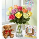1-800-Flowers Flower Delivery Happy Birthday Assorted Roses 12-24 Stems, 12 Stems W/ Clear Vase, Bear & Cookie | Same Day Delivery Available