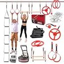 Ninja Warrior Training Equipment for Kids - 65 ft Slackline Obstacle Course with 8 Obstacles: Monkey Bars, Fitness Gymnastic Rings, Climbing Rope Ladder, Spinning Wheel | Backyard Playground Swingset
