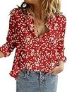 Dokotoo Womens Work Business Chiffon Button Down Blouses and Tops Loose Fit Dressy Alicia Floral Print V Neck Long Sleeve Shirts for Women Office Boho Top Trendy Red Large