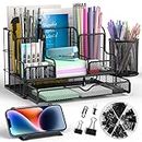 Nicpro Desk Organizers with Drawer, Multi-Functional Office Supplies Desktop Organizer and Accessories, Mesh Desk Caddy with Pen Holder, 72 Pcs Clips Set, Phone Holder for Office, Home, School