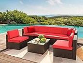DEVOKO Outdoor/Patio/Garden/Pool Side/Terrace/Balcony/Porch/Backyard/Living Room/Cane Furniture Sofa Set Wicker Sectional Sofa All-Weather Rattan Conversation Sets, (Dark Brown and Red)