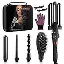 Curling Iron Set, 5 in 1 Curling Iron with Various Attachments, Tourmaline Ceramic, Wavy Iron, Straightening Brush, [with Storage Box] LED Display Curling Iron Large and Small Curls for All Hair Styles