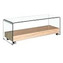 Mueble de TV de cristal transparente, bandeja base enrollable de madera, decoración de roble, diseño moderno, hielo