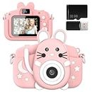 Kids Camera with Silicone Case, 20.0MP Rechargeable Kids Digital Dual Camera with 2.0 Inch IPS Screen 1080P Video Camcorder, 32GB Card, Selfie Childrens Camera Toy for Boys & Girls Age 3-12, Pink