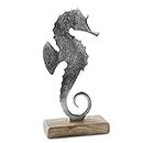 Logbuch-Verlag Caballito de mar decoración de Metal Plateado con Base de Madera Natural 23 cm - Figura decoración Marina Caballo de mar - decoración Verano