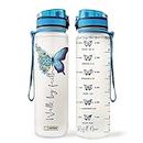 64HYDRO 32oz 1Liter Motivational Water Bottle with Time Marker & Removable Strainer, Flip Top Leakproof Durable BPA Free Non-Toxic for Home, Work, Gym Fitness, Sports - Blue Butterfly Walk by Faith