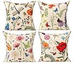 All Smiles Outdoor Patio Throw Pillow Covers 24x24 Set of 4 Summer Spring Garden Flowers Farmhouse Decor Outside Furniture Swing Seat Bench Chair Dekorative Cushion Cases for Deep Seat Bed Couch Sofa