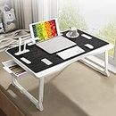 Upgraded Bed Table Laptop Desk, Foldable Tray with USB Charge Port, Handle, Desktop Card/Cup Slot, Side Drawer, Portable Notebook Stand for Eating Reading Working(Black)