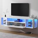 SogesPower Floating TV Stand Wall Mounted with Lights,LED TV Stand Floating Entertainment Center with Storage for Bedroom Living Room,Modern Floating Shelf for Under TV,White 55",SP-10CZSMHGS0652-CA