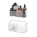 LINFIDITE 2 Pack Bathroom Cabinet Cosmetic Storage Holder Makeup Organizer Tray Countertop Vanity Makeup Display Tray Case with 9 Compartments 2 Removable Dividers for Beauty Essentials Crystal Clear