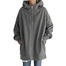 dagui Autumn and Winter Street Sweatshirt Zipper Hooded Long Plus Velvet Sweatshirt Women Grey S