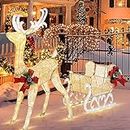 Shintenchi Christmas Lighted Reindeer and Sleigh Decor,Outdoor Yard Decoration Set w/ 200 LED Lights, Pre-lit Glittered Standing Ornaments for Christmas Garden Patio Lawn Front Door Indoor Display