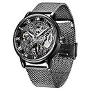 Whodoit Mesh Strap Design Watch Hand-Wind Mechanical Stainless Steel Case Skeleton Watch Watch for Men