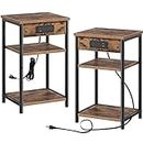 Rolanstar End Table with Charging Station, 3 Tier Slim Nightstand with Storage Shelf, Narrow Side Table with USB Ports & Power Outlets, Steel Frame, for Living Room, Bedroom, Rustic Brown,2 Pack