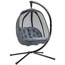 Outsunny Hanging Egg Chair, Folding Texteline Swing Hammock with Side Pocket, Cushion and Stand for Indoor Outdoor, Patio Garden Furniture, Grey