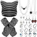Quelay 22 Pcs Y2k Grunge Knitted Cat Beanie with Fairy Grunge Ripped Glove Earrings Necklace Rings Set Devil Horn Grunge Accessories Slouchy Hat Crochet Beanie with Ears (Black)