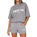 Two Piece Outfit Womens Tracksuit White Fox Print Causal Oversized Outfit Ladies Short Sleeve Pullover and Flowy Shorts Loungewear Sets Gym Activewear Y2k Co Ord Sets for Women Full Set S Gray