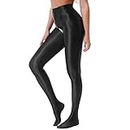 FiwoXam Women's Glossy Opaque Pantyhose Shiny High Waist Tights Yoga Pants Training Sports Leggings, Black, Large