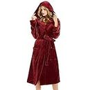 Women Luxury Long Bath Robe Dressing Gown Hooded Ladies Fluffy Fleece Sleepwear (Red Wine,X-Large)