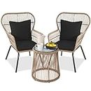 Best Choice Products 3-Piece Patio Conversation Bistro Set, Outdoor All-Weather Wicker Furniture for Porch, Backyard w/ 2 Wide Ergonomic Chairs, Cushions, Glass Top Side Table - Natural/Black