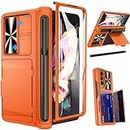 Viaotaily for Samsung Galaxy Z Fold 3 Wallet Case with S Pen Holder & Hinge Protection & Slide Camera Cover & Card Holder & Screen Protector, Shockproof Sturdy Phone Case for Z Fold 3 2021,Orange