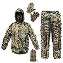 Ghillie Suit Camouflage Hunting Suits Outdoor 3D Leaf Lifelike Camo Clothing Lightweight Breathable Hooded Apparel Suit for Jungle Shooting Airsoft Woodland Photography or Halloween
