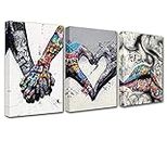 Banksy Street Art Graffiti Hand Pictures Heart Love Paintings Romantic Kiss Artwork for Living Room Gift 3 Pieces Canvas Wall Art Nordic Home Decor Framed Ready to Hang Poster and Prints(42''Wx20''H)