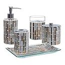 KMWARES Decorative Mosaic Glass Bathroom Accessories Set 5PCs - Includes Hande Soap Dispenser & Cotton Jar & Tumbler & Vanity Tray & Toothbrush Holder - Amber Color