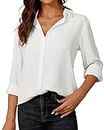 SPRING SEAON Womens Blouse Long Sleeve Chiffon V-Neck Button Down Shirt Casual Office Work Tops for Ladies White