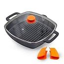 CountryCook Pre-Seasoned Cast Iron Grill Pan/Griddle | Tempered Glass Lid 26cms, 3kg Heavy Duty | Gas & Induction Friendly Loha | Barbeque, Sandwich Maker, Tandoori Non Toxic, Enamel/Coating Free