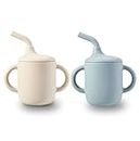 PandaEar 2 Pack 100% Tiny Silicone Drinking Training Cup with Handles & Straw for Baby and Toddler (White Blue)